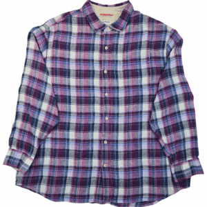 Plaid button-up shirt with purple and blue tones.