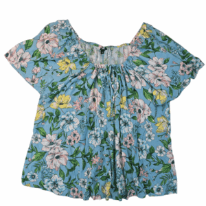 Floral off-shoulder blouse with gathered neckline and short sleeves on a white background.