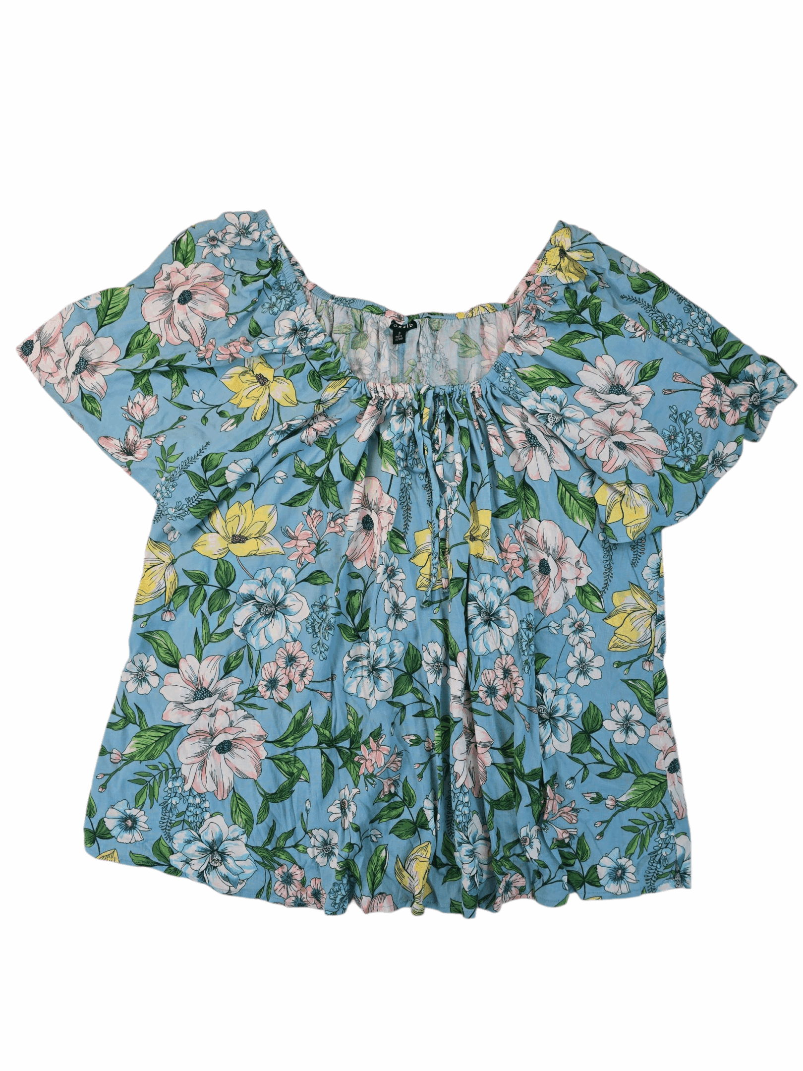 Floral off-shoulder blouse with gathered neckline and short sleeves on a white background.