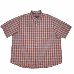 Front view of Eddie Bauer orange and gray plaid short sleeve camp shirt in men’s Big & Tall size 2X showing button front, collar, and chest pockets.