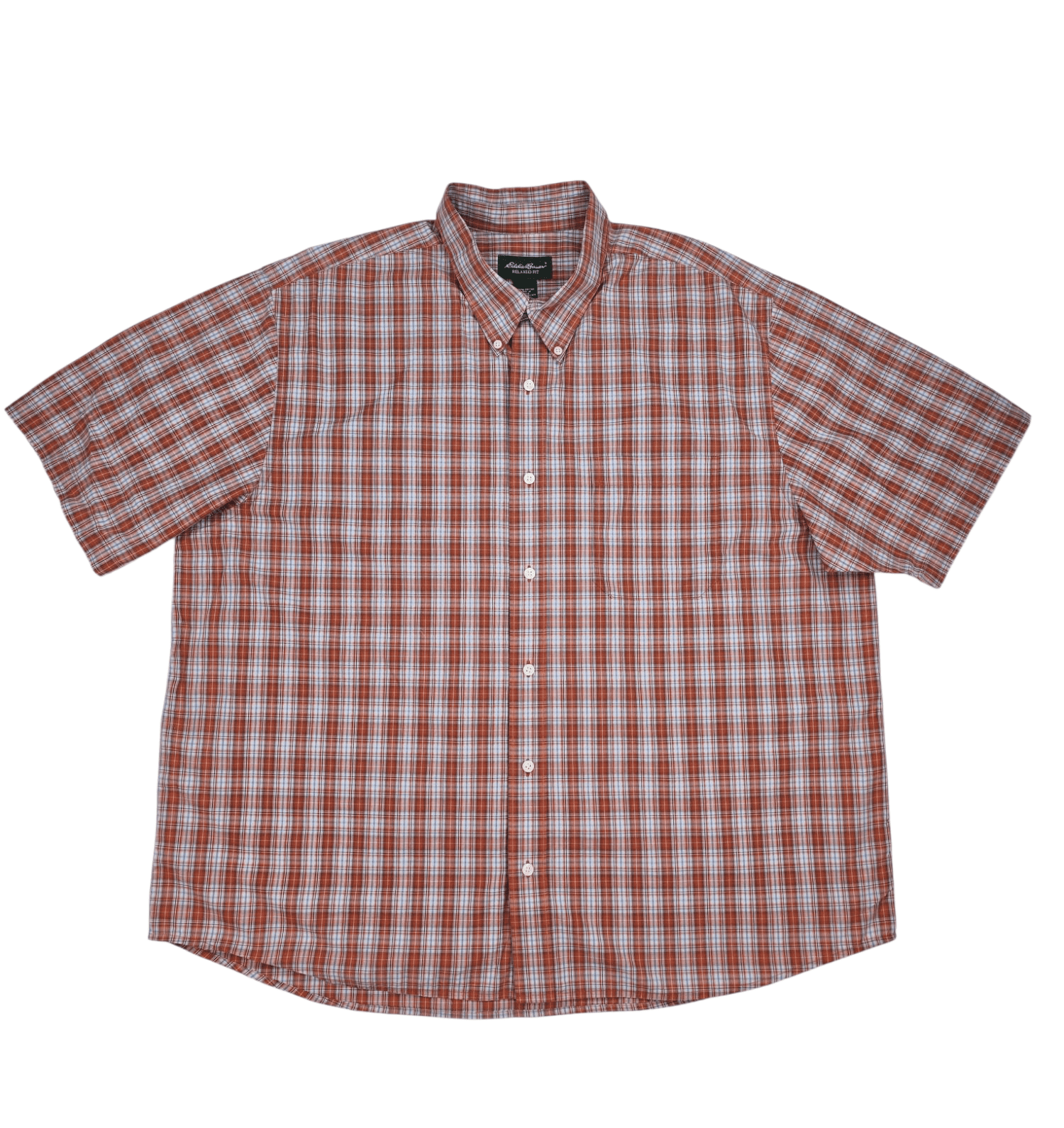 Front view of Eddie Bauer orange and gray plaid short sleeve camp shirt in men’s Big & Tall size 2X showing button front, collar, and chest pockets.