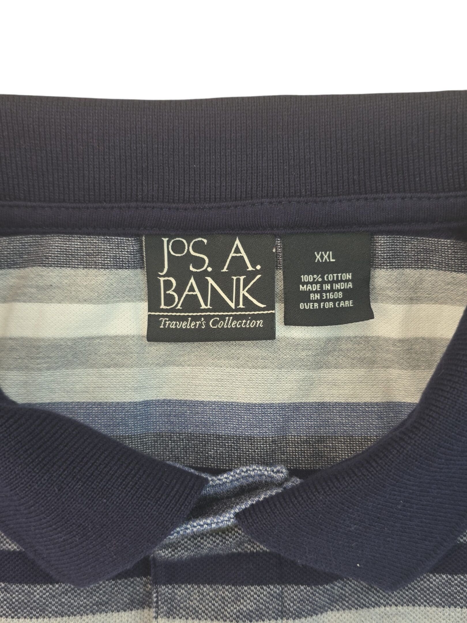 Close-up of a Jos. A. Bank label on a striped shirt collar.
