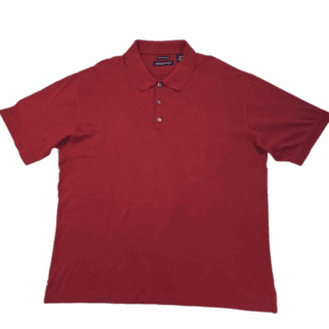Plain red polo shirt with three buttons and short sleeves.
