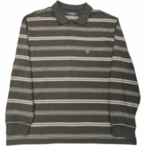 Long-sleeve striped polo shirt with earthy tones.