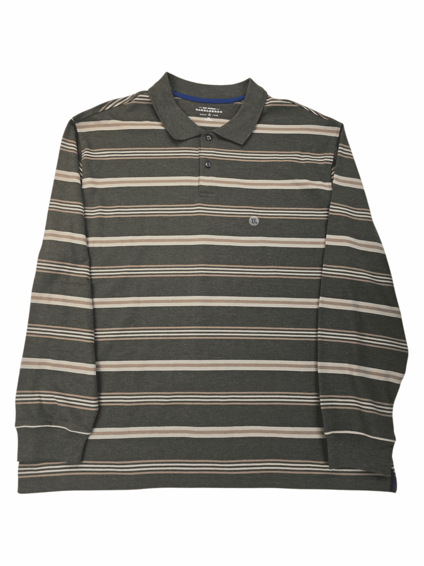 Long-sleeve striped polo shirt with earthy tones.