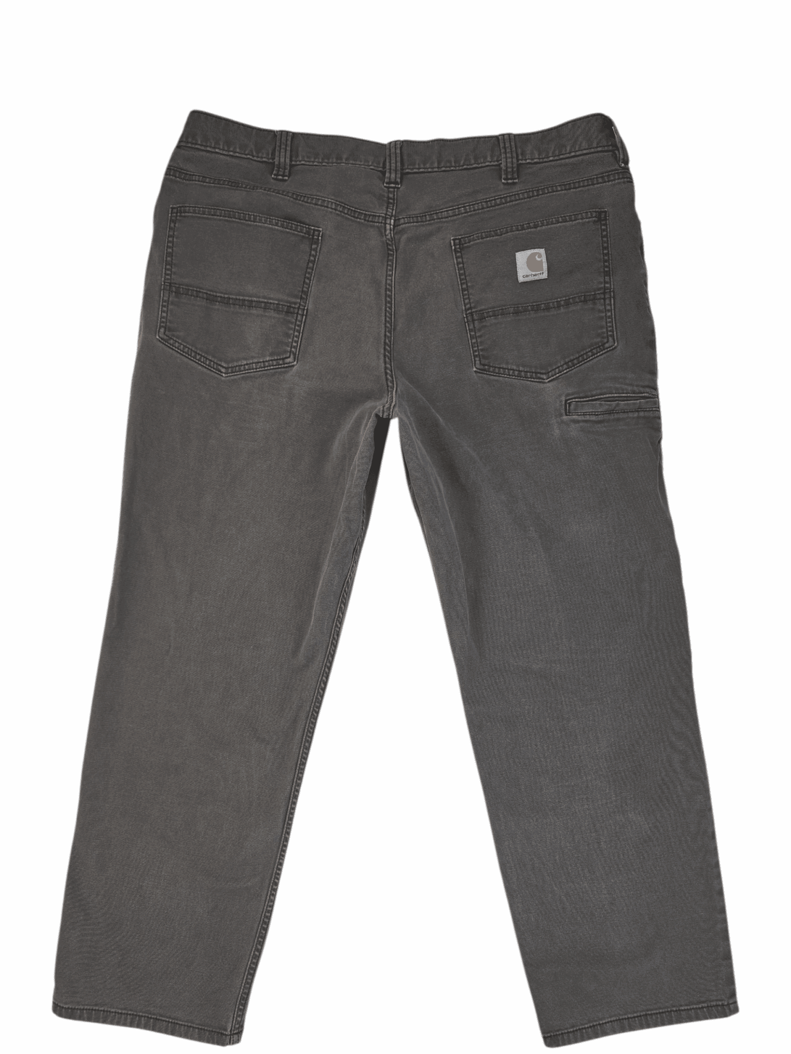 Dark gray pants with multiple pockets and a button closure at the back.