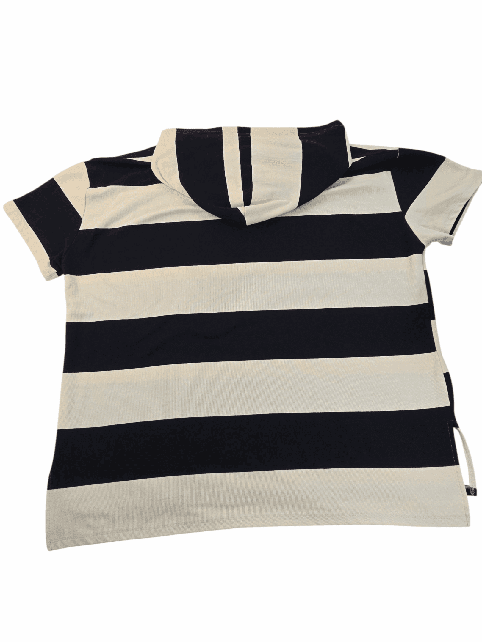 A short-sleeve turtleneck sweater with black and white horizontal stripes.