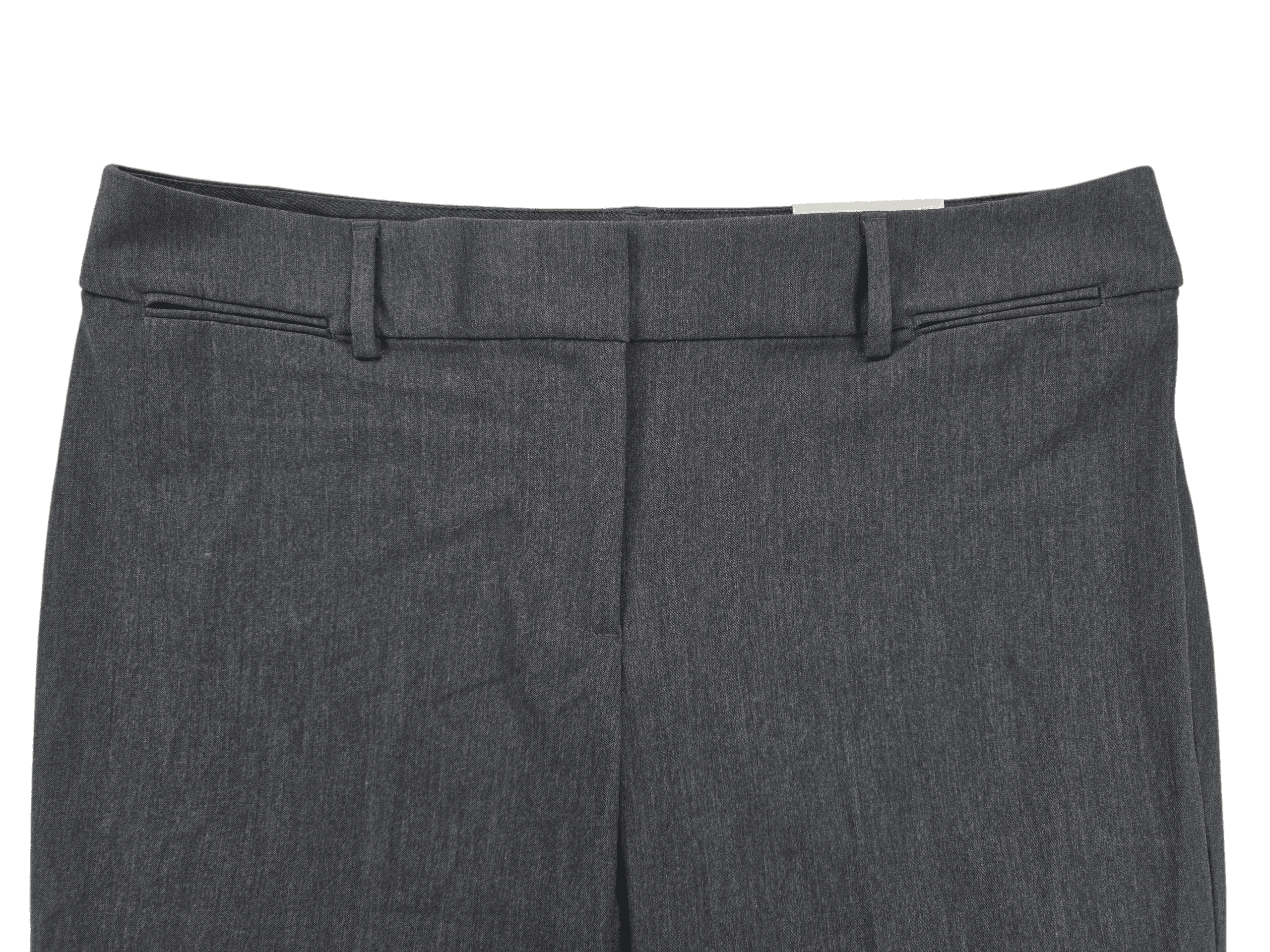 Close-up of NWT LOFT Curvy smokey gray straight leg dress trousers showing waistband, button, and fabric texture.