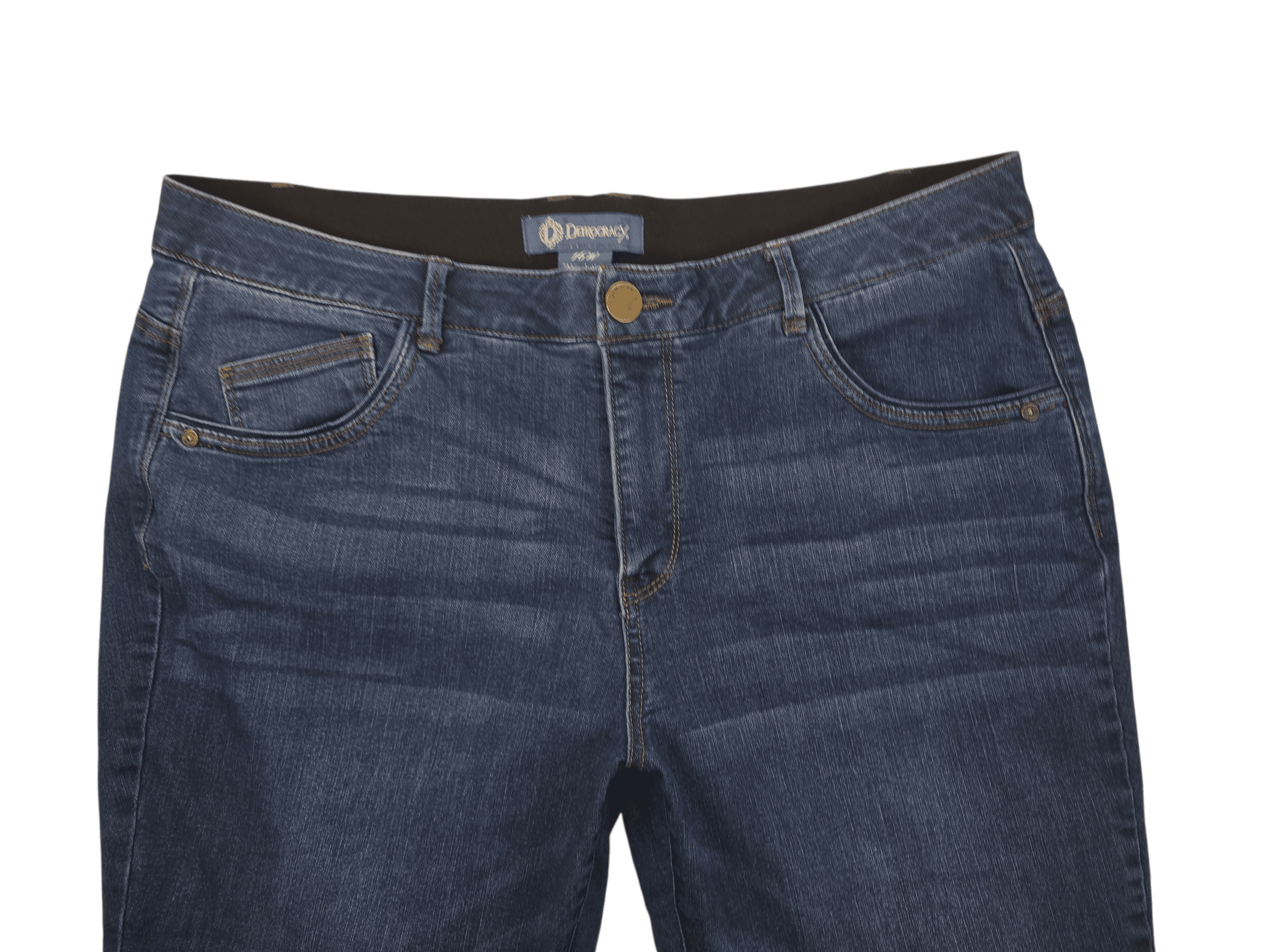 Close-up of Absolution waistband and denim stitching on Democracy cropped blue denim pants women’s plus size 16W