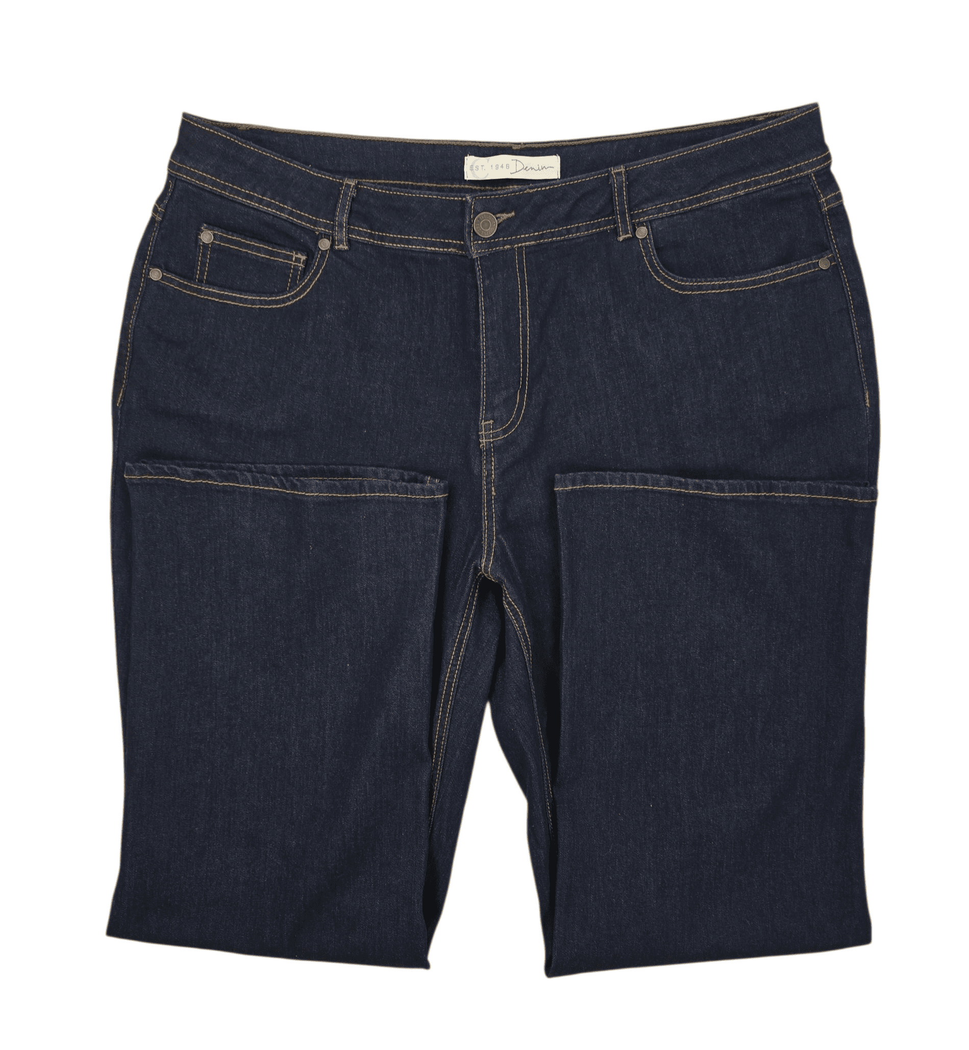 Close-up of EST. 1946 denim blue straight-leg jeans showing waistband, button, and front stitching detail.