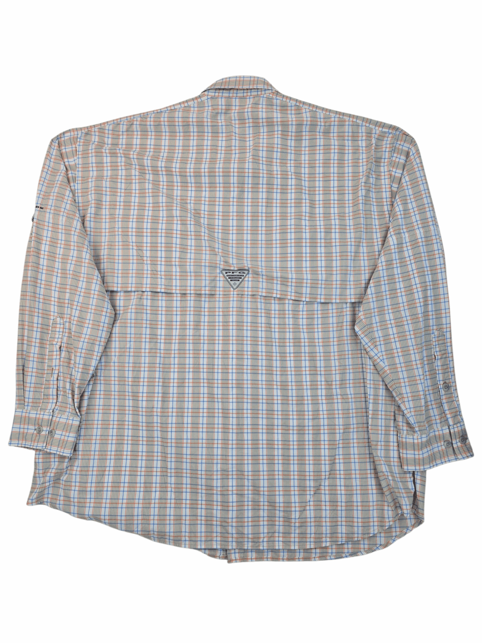 Checkered long-sleeve shirt with a buttoned back detail.