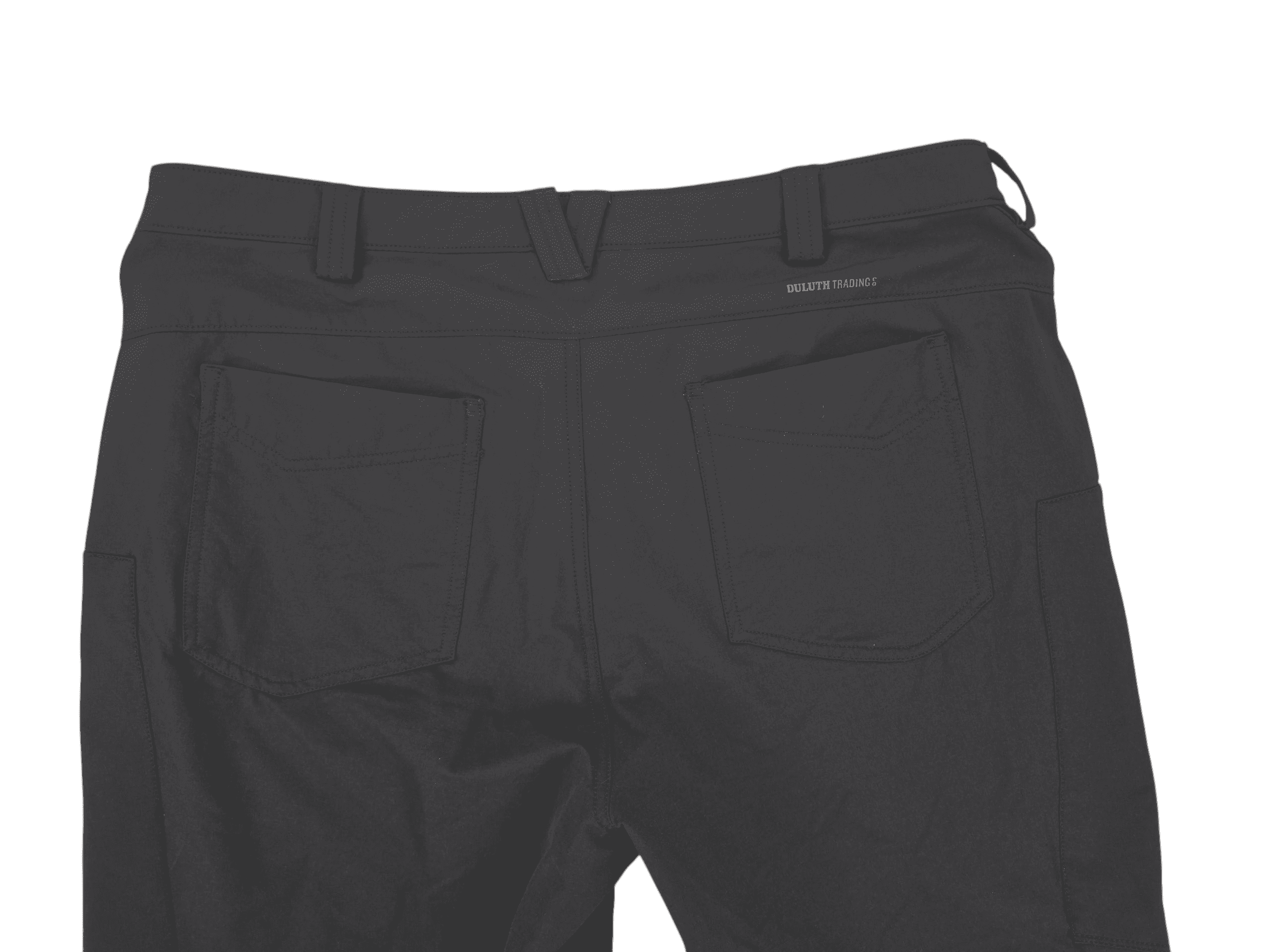 Back view of black pants with rear pockets and belt loops.