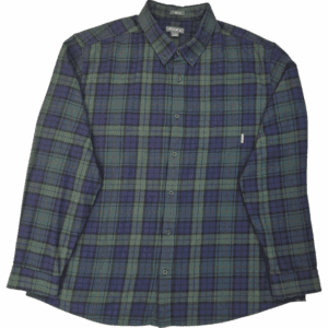 Green and blue plaid button-up shirt with long sleeves.