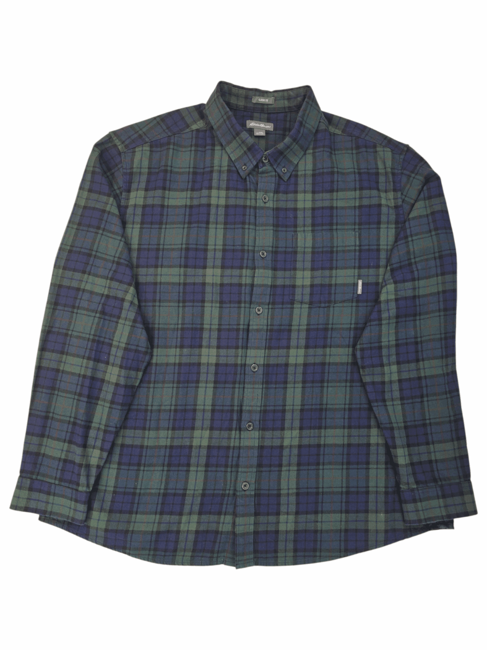 Green and blue plaid button-up shirt with long sleeves.