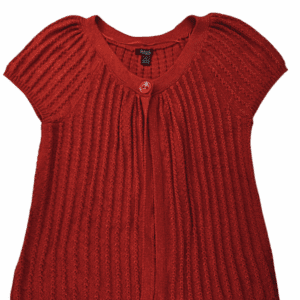 Red knitted short-sleeve sweater with a round neckline and ribbed pattern.