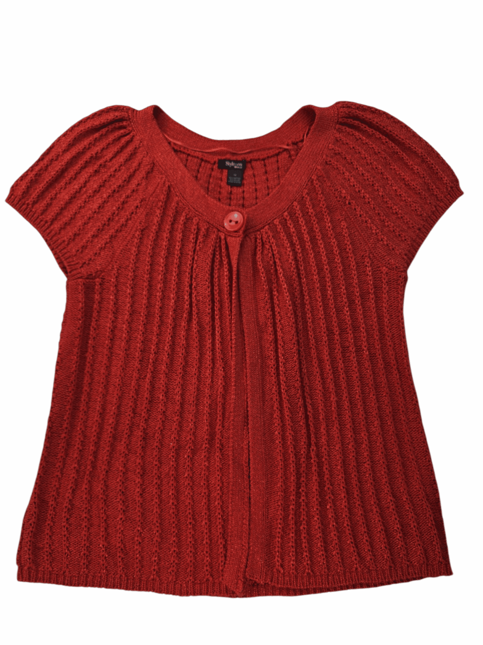 Red knitted short-sleeve sweater with a round neckline and ribbed pattern.