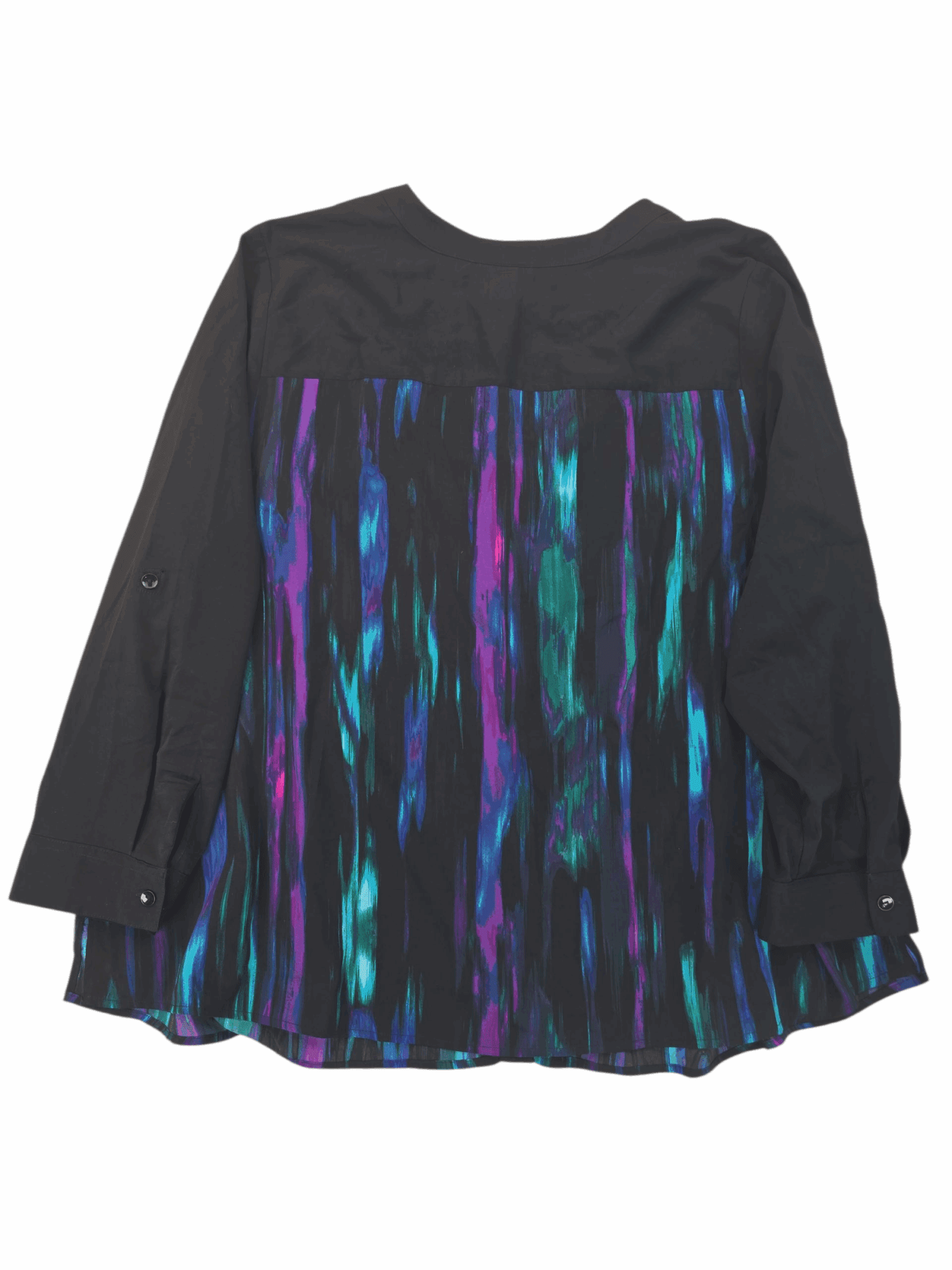 Black shirt with a vibrant, iridescent striped back panel.