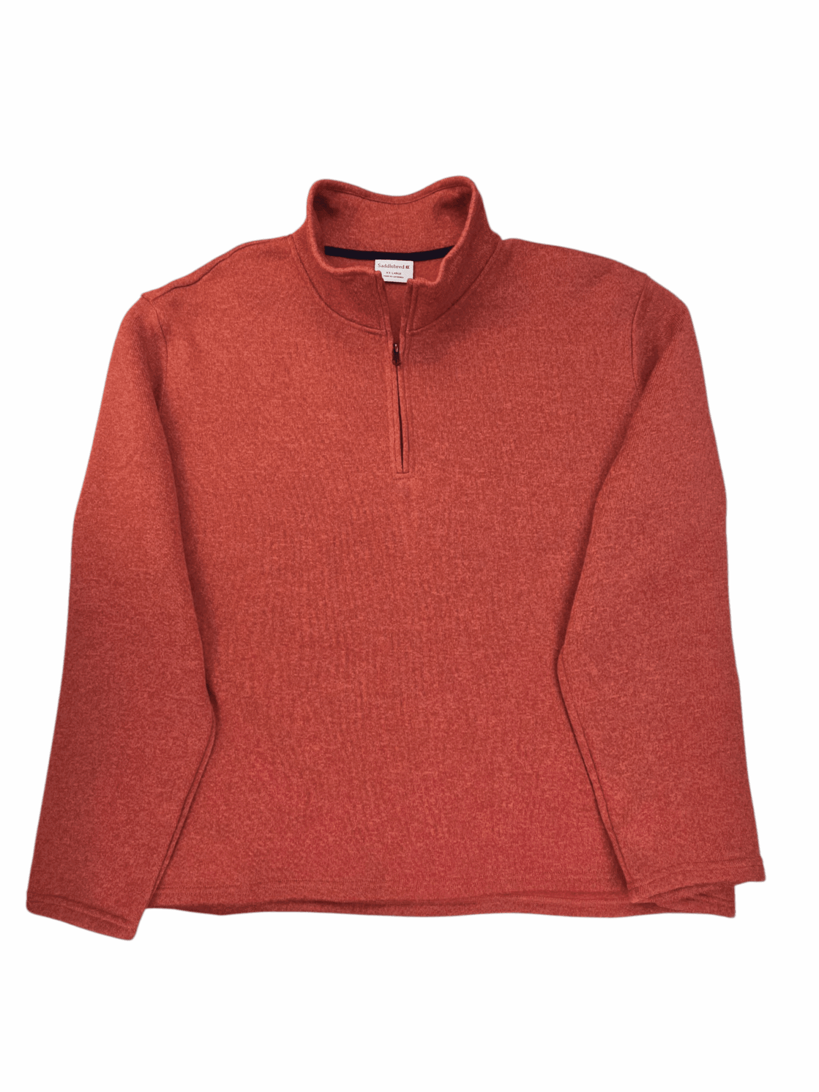 Front view of Saddlebred rust quarter-zip knit pullover in men’s size XXL showing stand collar and long sleeves.