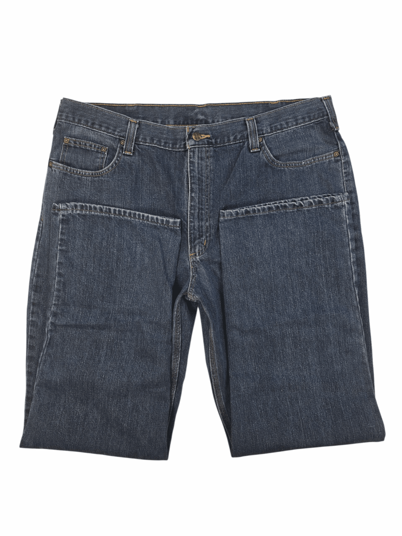 Close-up of denim texture and stitching on Carhartt blue straight leg jeans men’s big & tall size 40x34