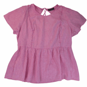 Front view of Lane Bryant pink linen blend flutter sleeve peplum top in women’s size 20 showing V-neckline, flutter sleeves, and waist seam.