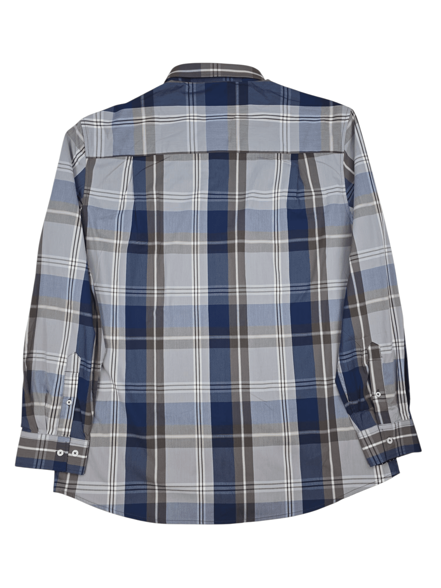 Back view of Nick Graham “Everywhere Stretch” navy and brown plaid shirt showing yoke seam and relaxed fit.