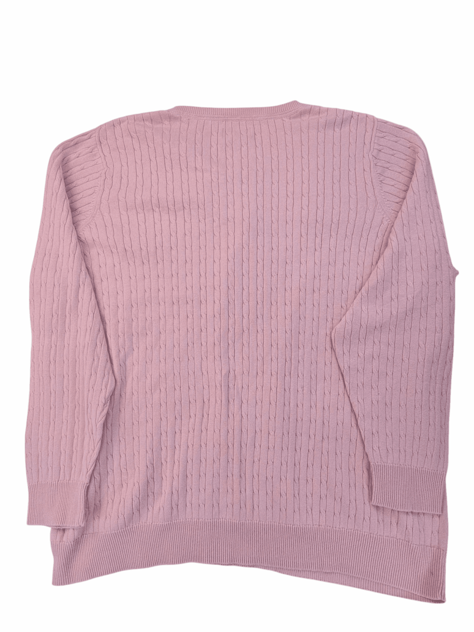 A pink long-sleeve ribbed sweater laid flat.