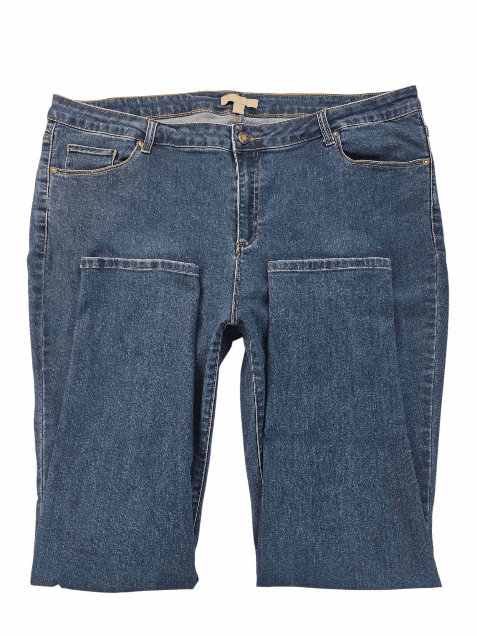 Front view of blue denim jeans with pockets and button closure.