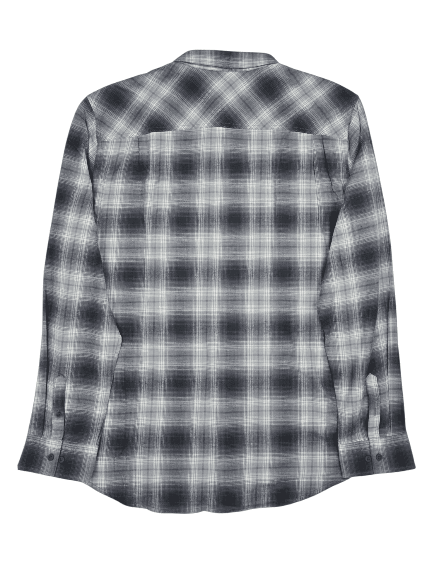 Back view of Bass Outdoor gray and white plaid flannel shirt showing full plaid pattern and relaxed fit.
