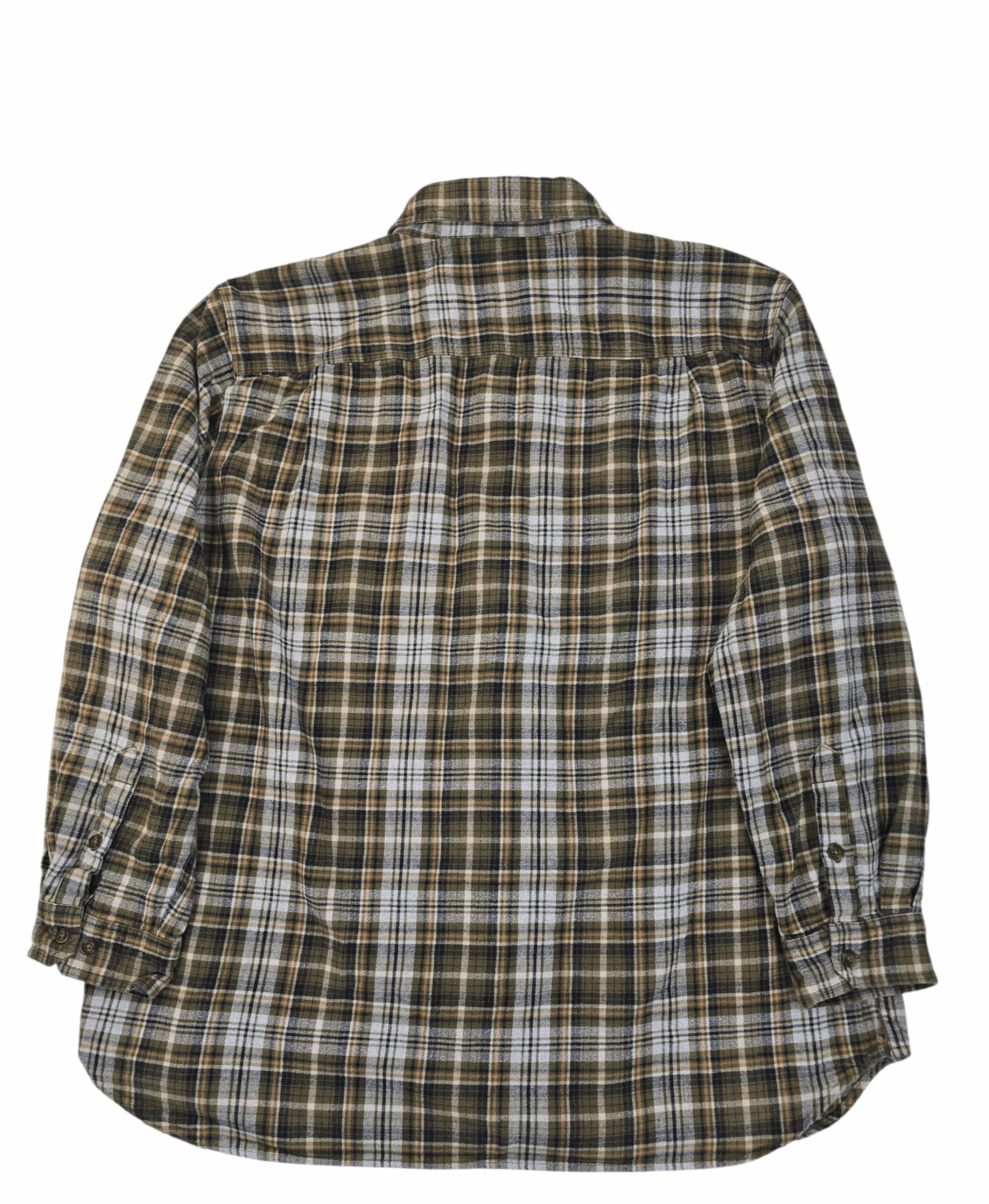 Long-sleeve plaid shirt in brown and blue tones.