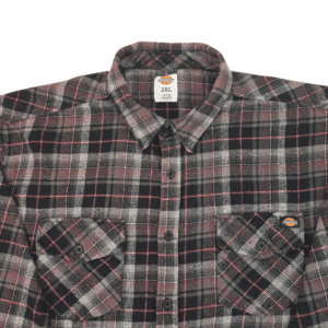 Close-up of plaid fabric and button details on Dickies gray, black, and red flannel shirt men’s size 2XL