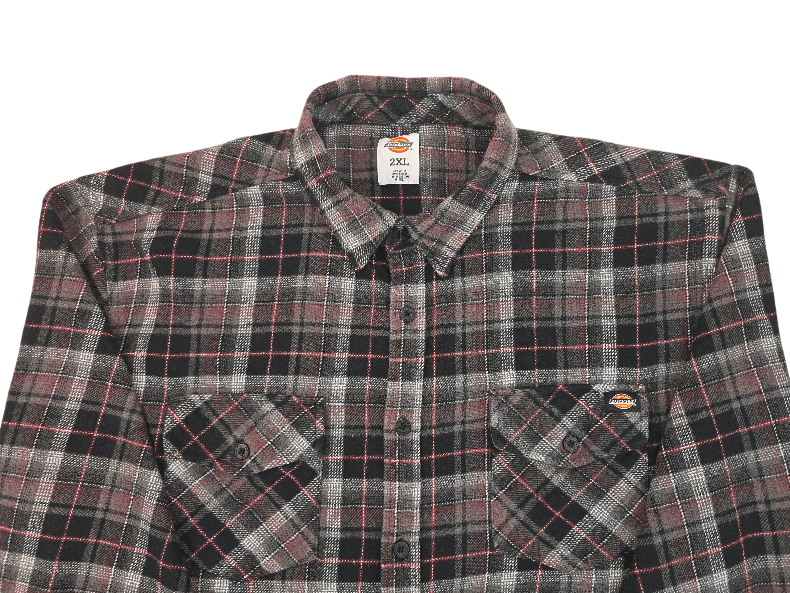 Close-up of plaid fabric and button details on Dickies gray, black, and red flannel shirt men’s size 2XL