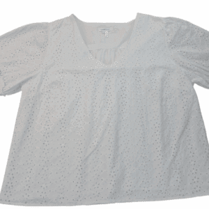 Front view of Draper James white eyelet V-neck top in women’s size XXL showing eyelet pattern and short sleeves.