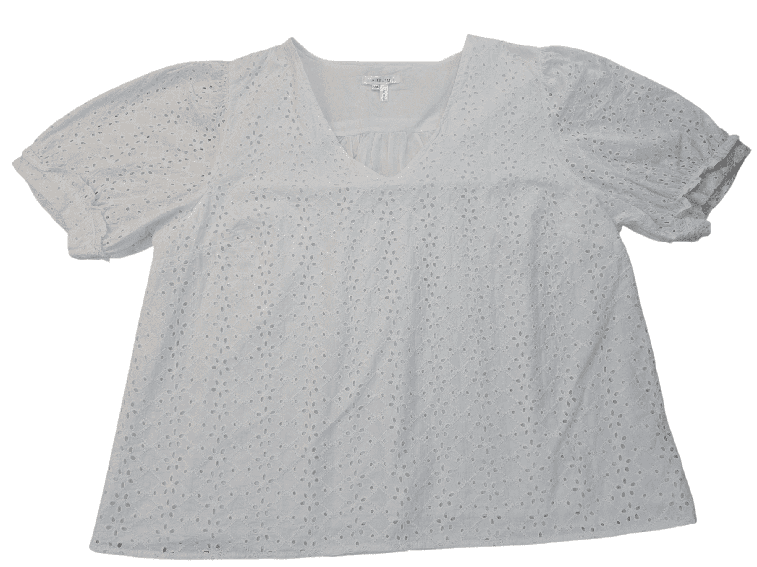 Front view of Draper James white eyelet V-neck top in women’s size XXL showing eyelet pattern and short sleeves.