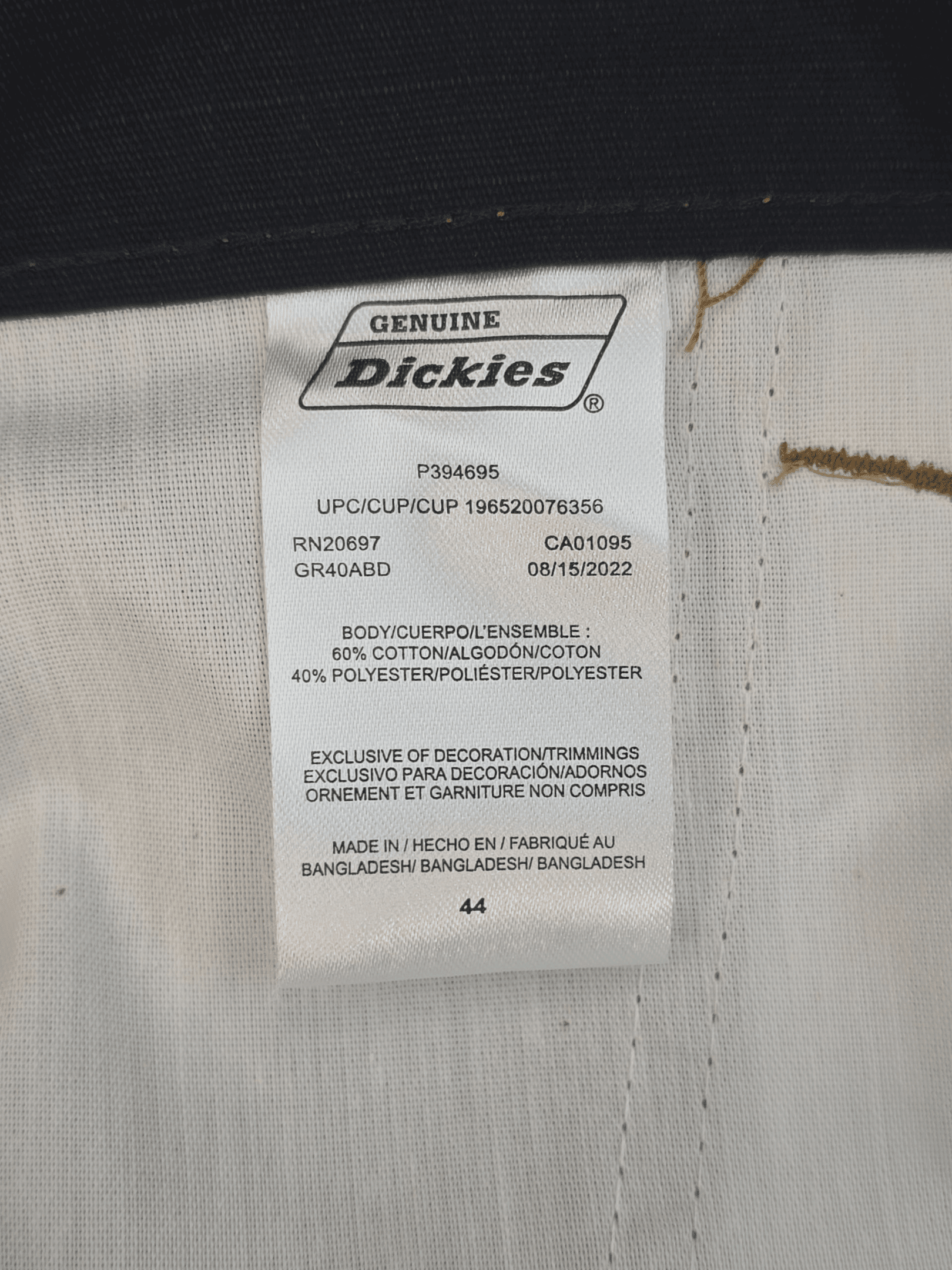 Fabric content tag from Dickies brown ripstop cargo shorts men’s big & tall size 44