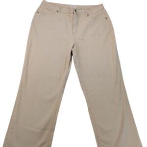 Beige casual pants with front pockets and button closure.