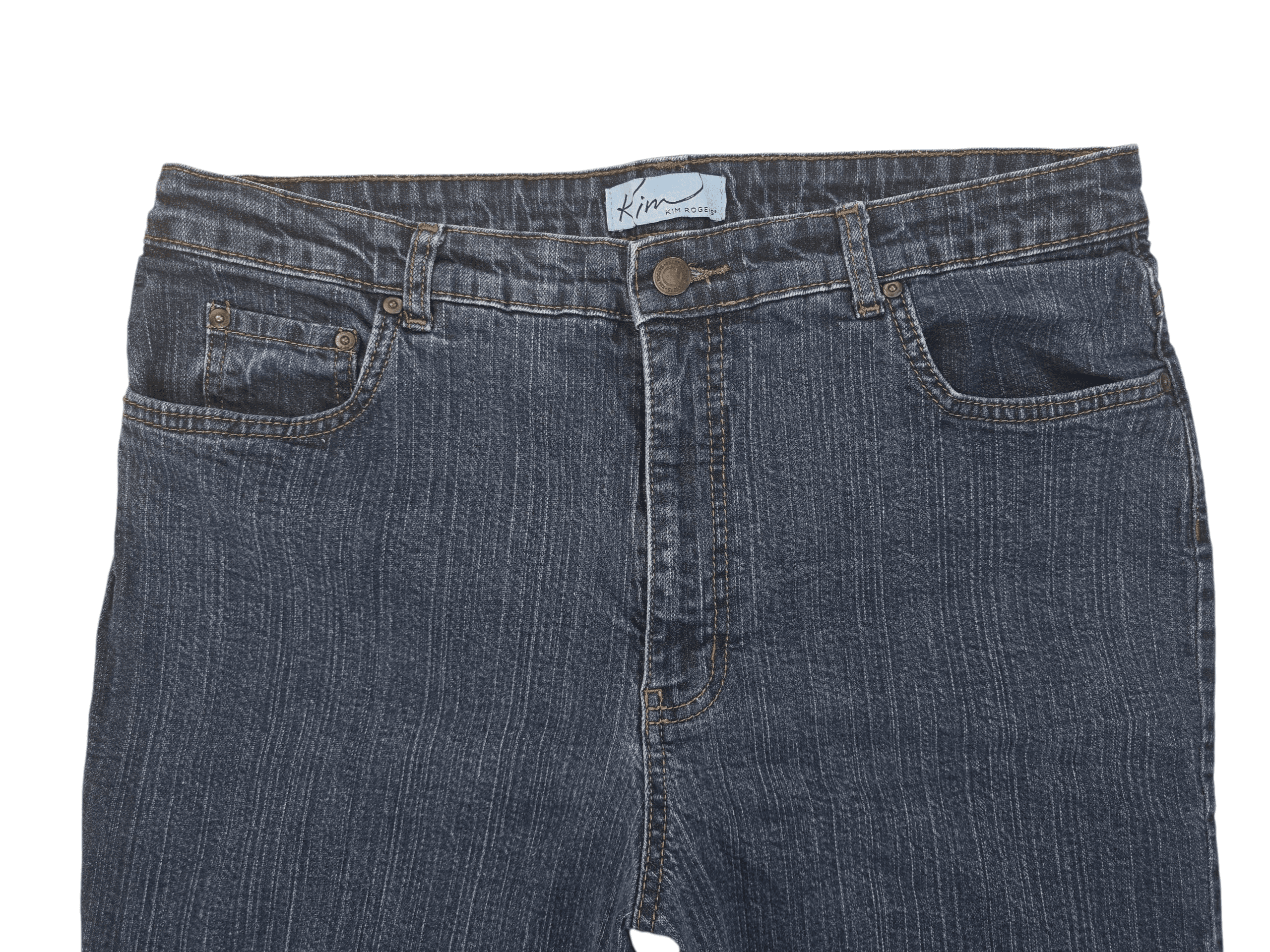 A pair of blue denim jeans with front pockets and a button fly.