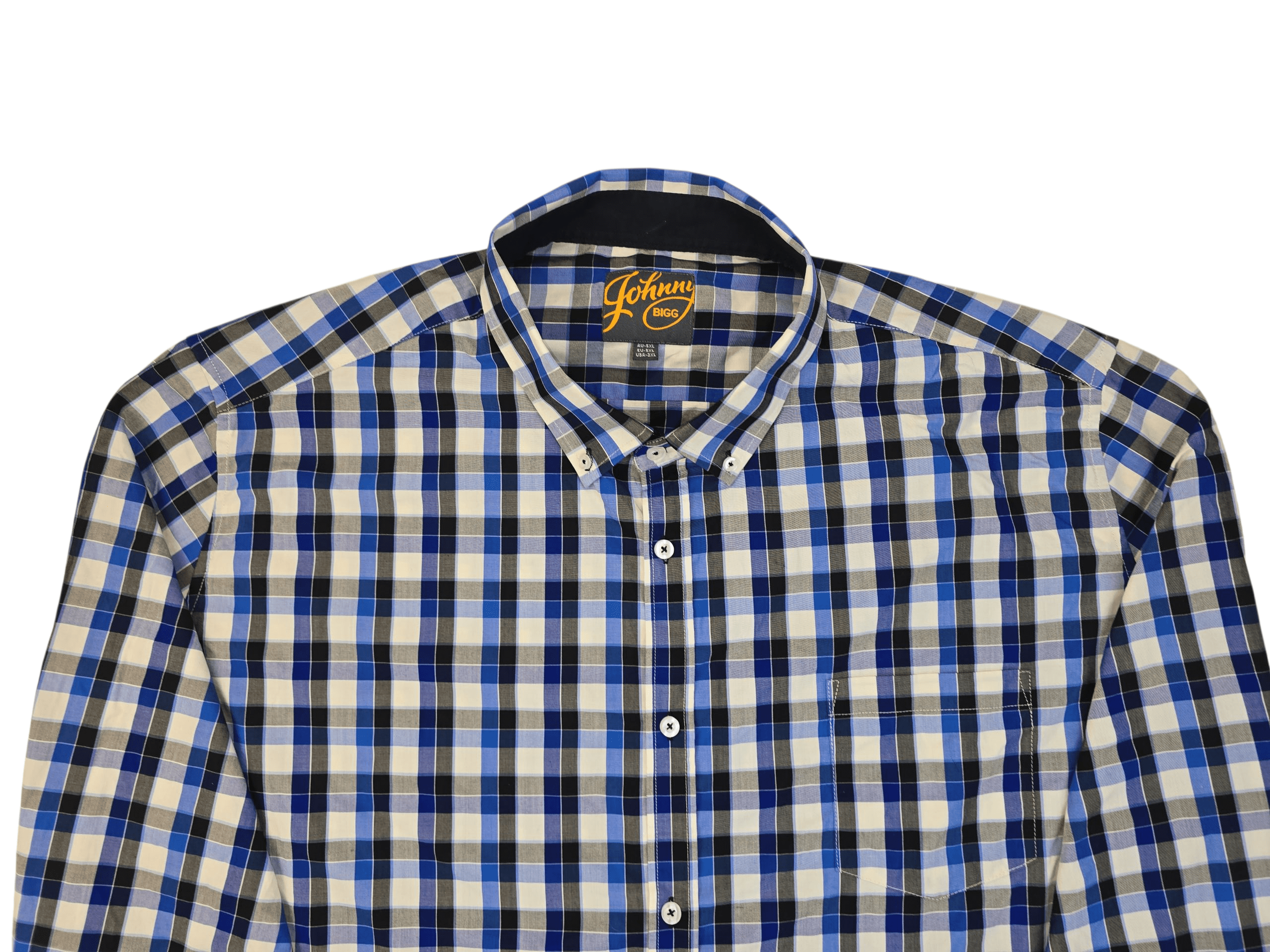 Blue and white checkered button-up shirt with collar.
