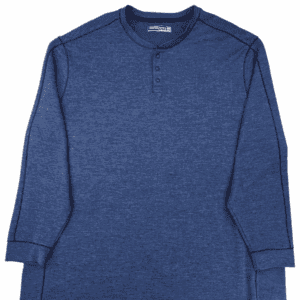 Blue long-sleeve henley shirt with a three-button placket.