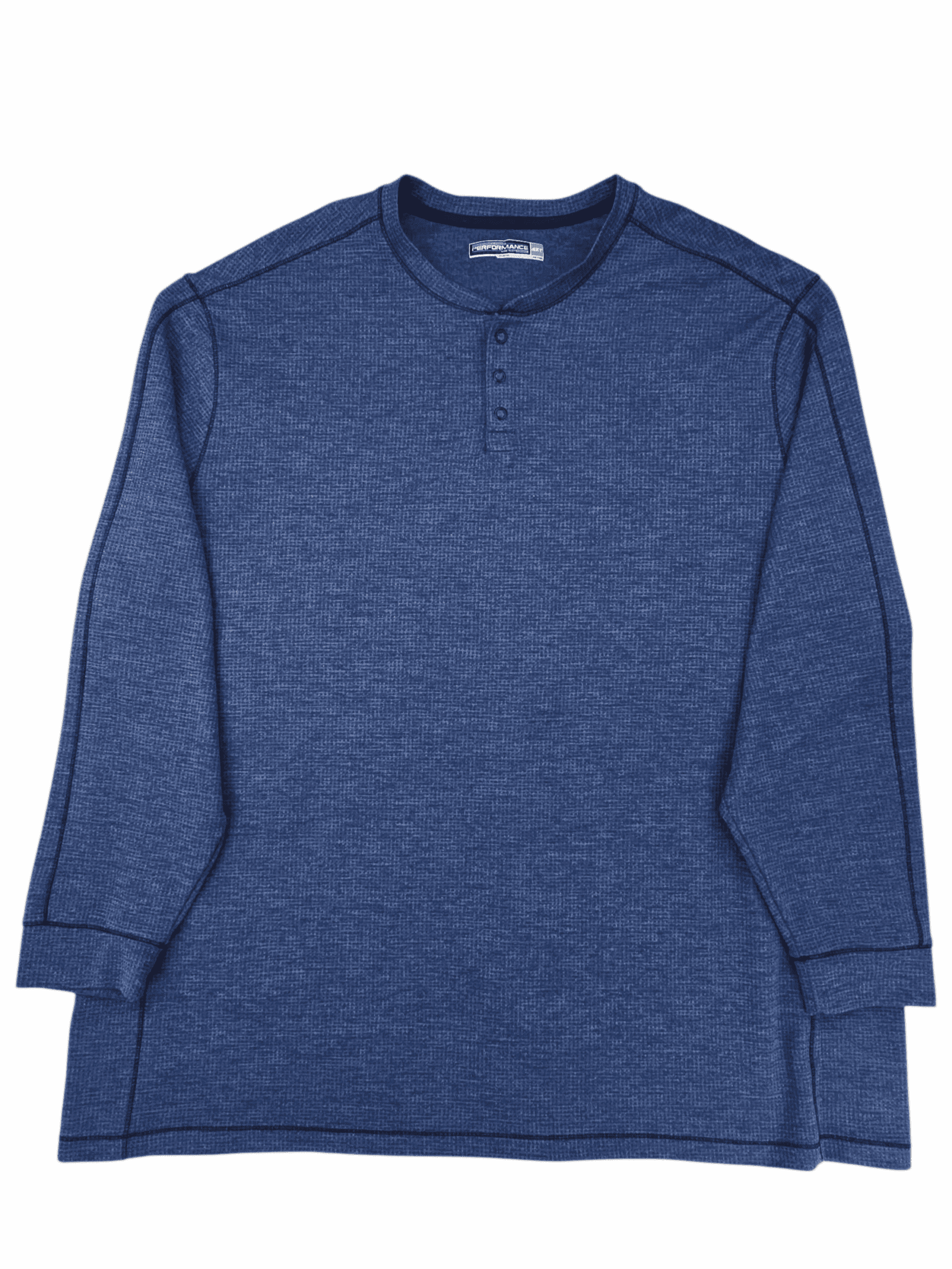 Blue long-sleeve henley shirt with a three-button placket.