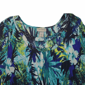 Close-up of Catherines blue and green leaf print rhinestone scoop neck top showing neckline rhinestones and fabric design.