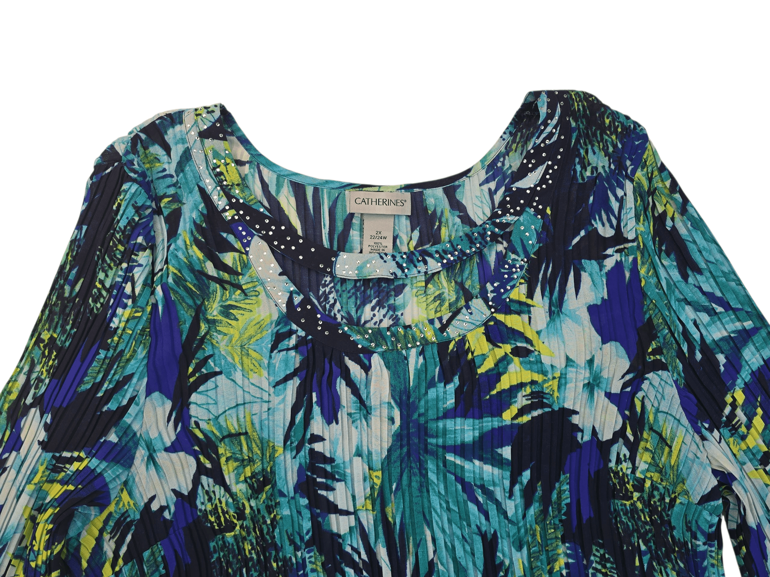 Close-up of Catherines blue and green leaf print rhinestone scoop neck top showing neckline rhinestones and fabric design.