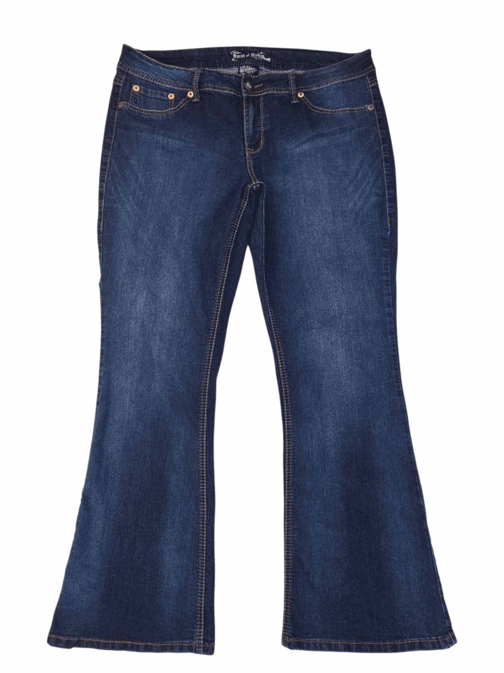 Pair of blue flared jeans with front pockets.