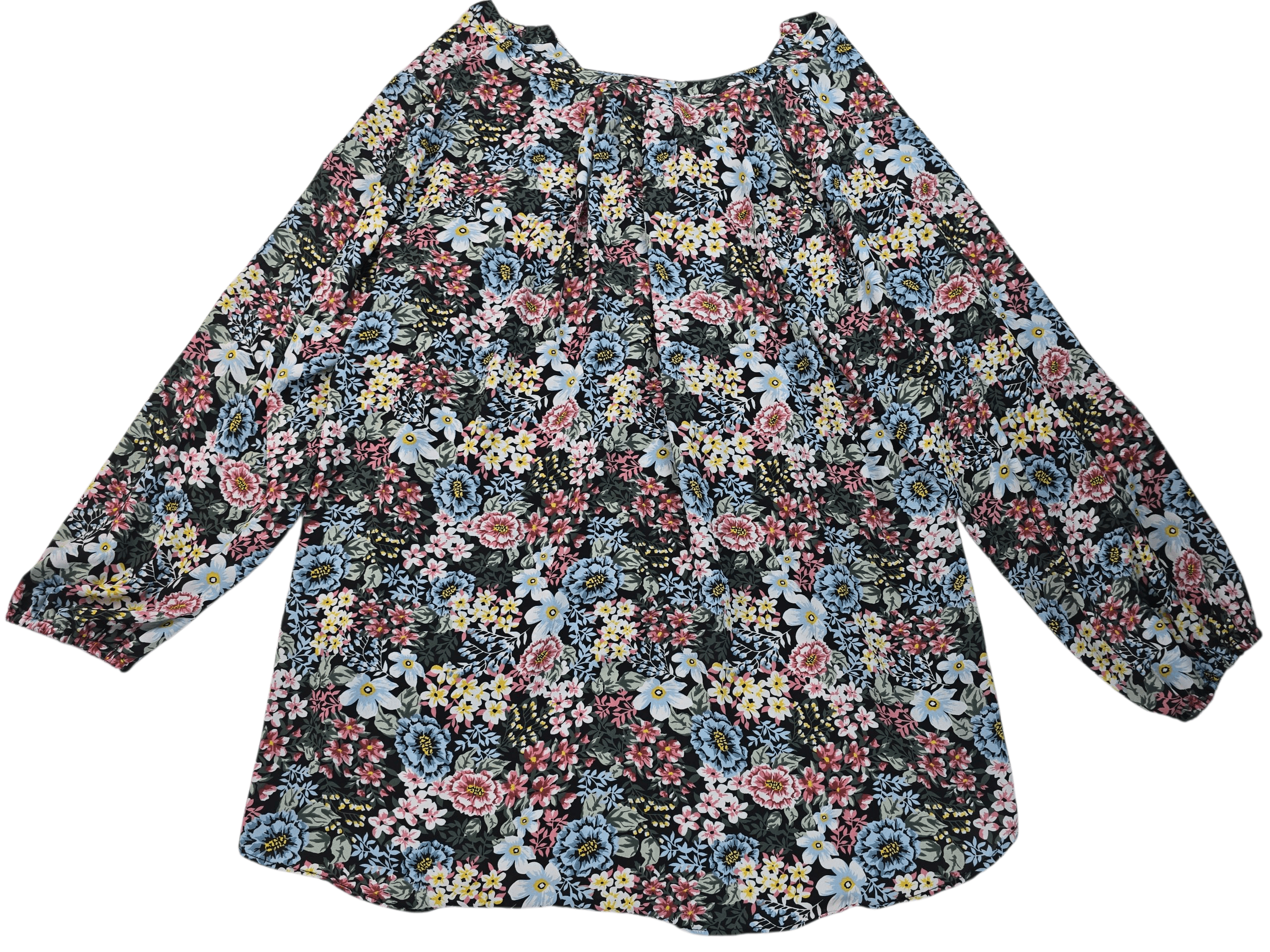 Floral long-sleeve blouse with a mix of blue, pink, and white flowers.