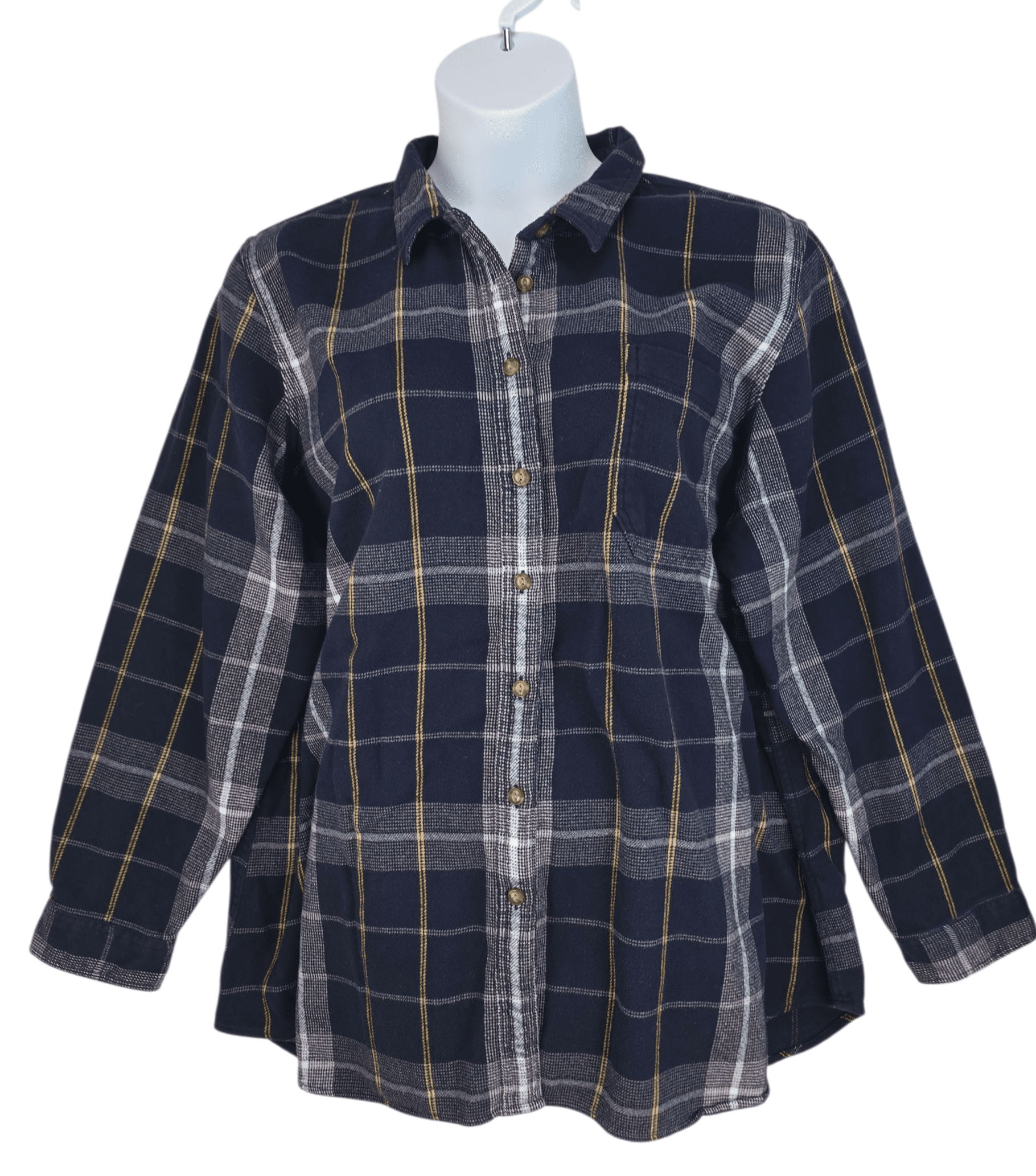 L.L. Bean navy, lilac, and yellow plaid flannel shirt women’s plus size 3X – front view
