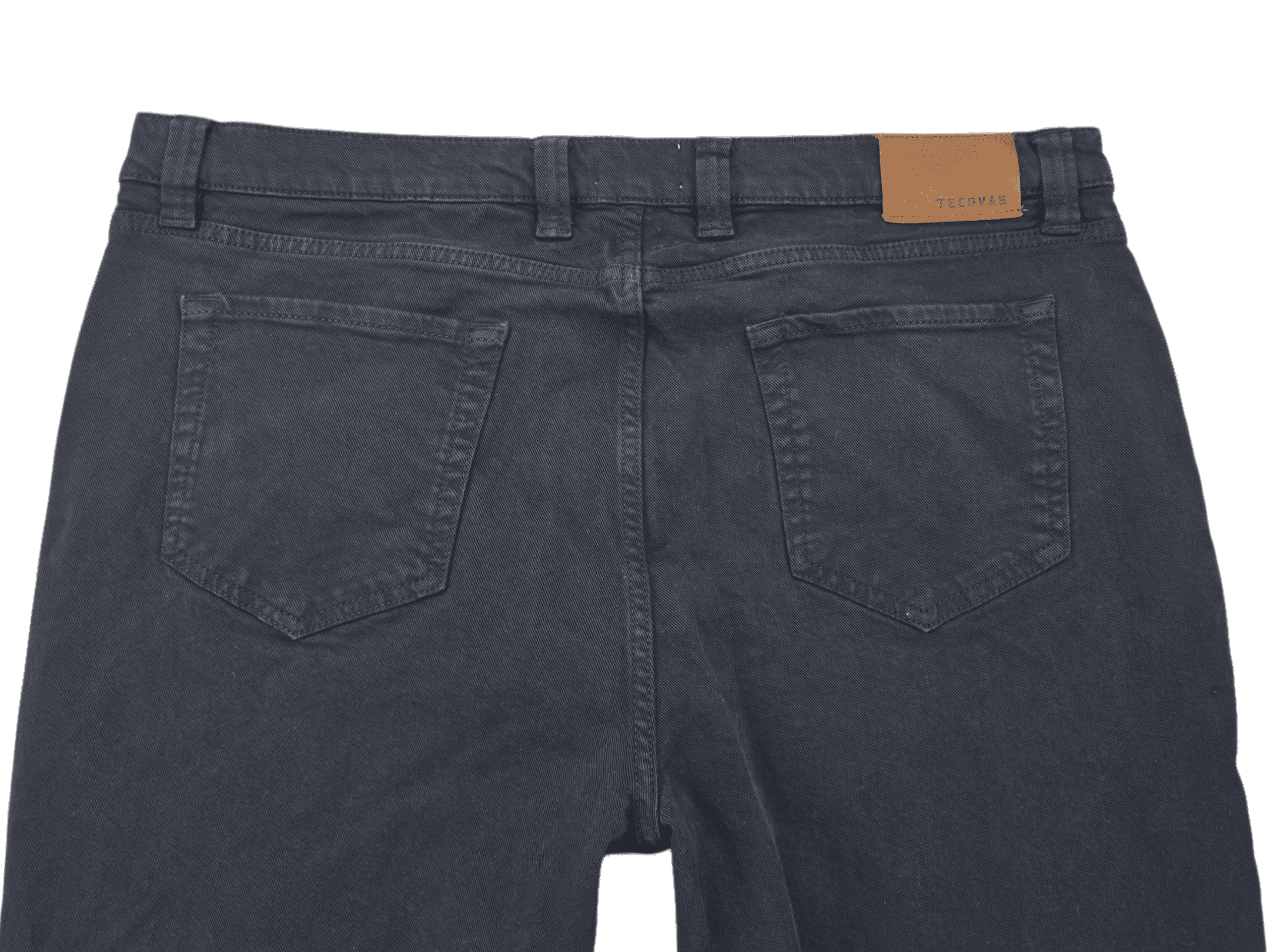 Close-up of denim texture, stitching, and pocket detail on Tecovas navy blue comfort jeans men’s size 40x30