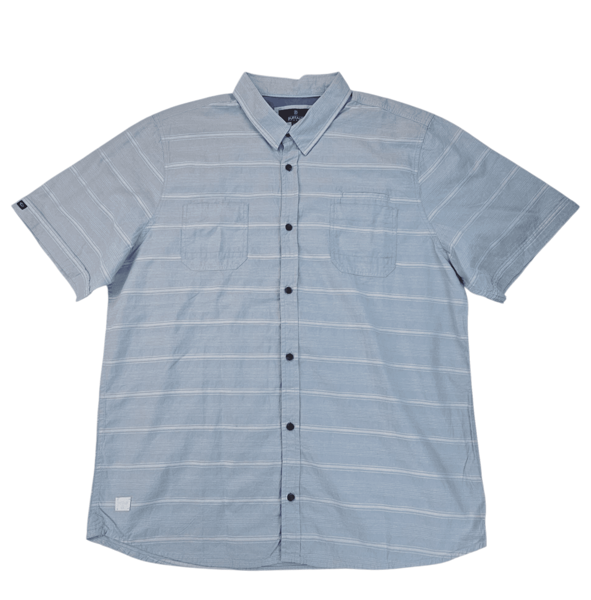 Light blue short-sleeve button-up shirt with thin white stripes.