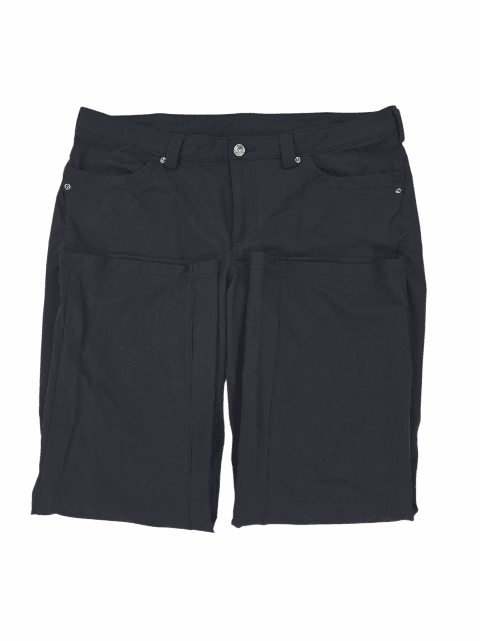 Pair of black shorts with front pockets and button closure.