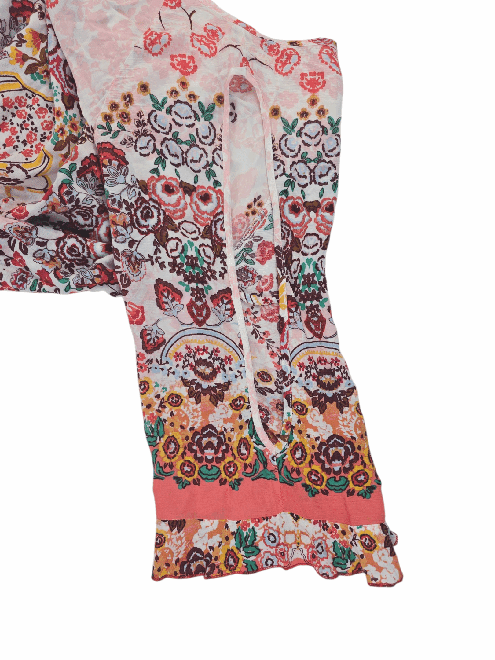 Close-up of Democracy boho cold shoulder lace-up top sleeve showing shoulder cutout and draped fabric detail.