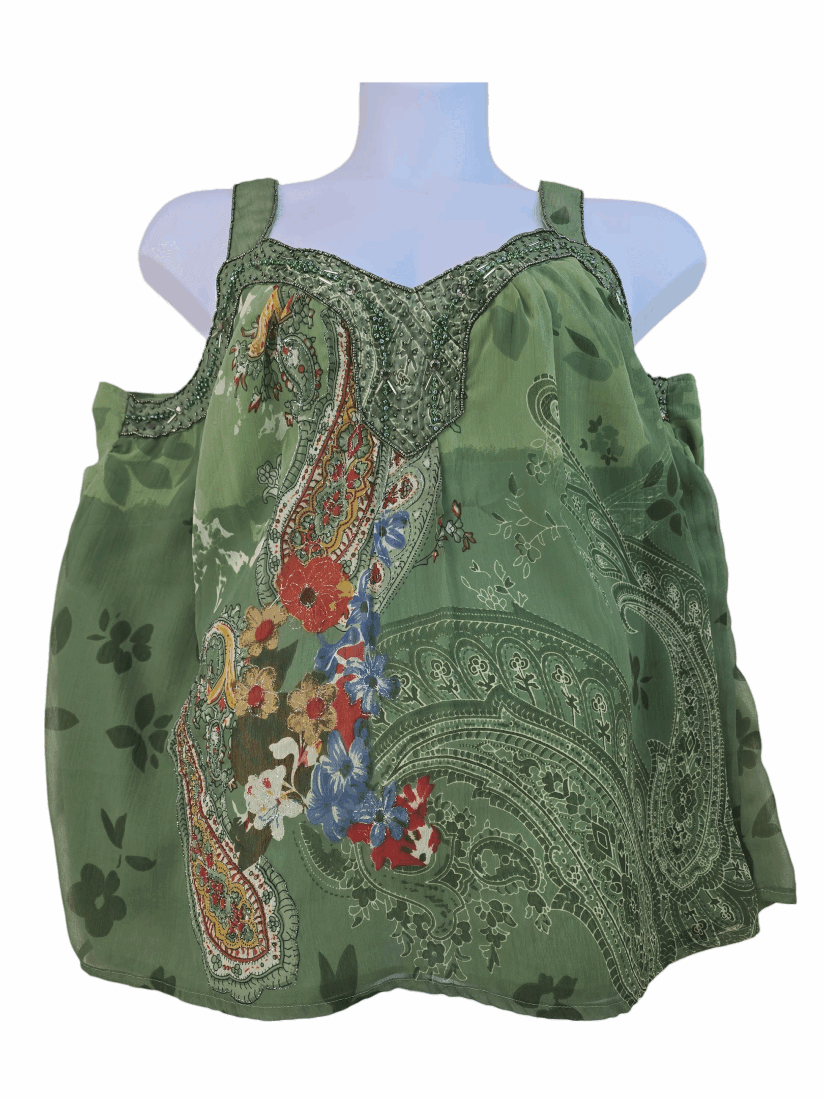 Taillissime sheer green beaded V-neck tank top women’s plus size 20W – front view