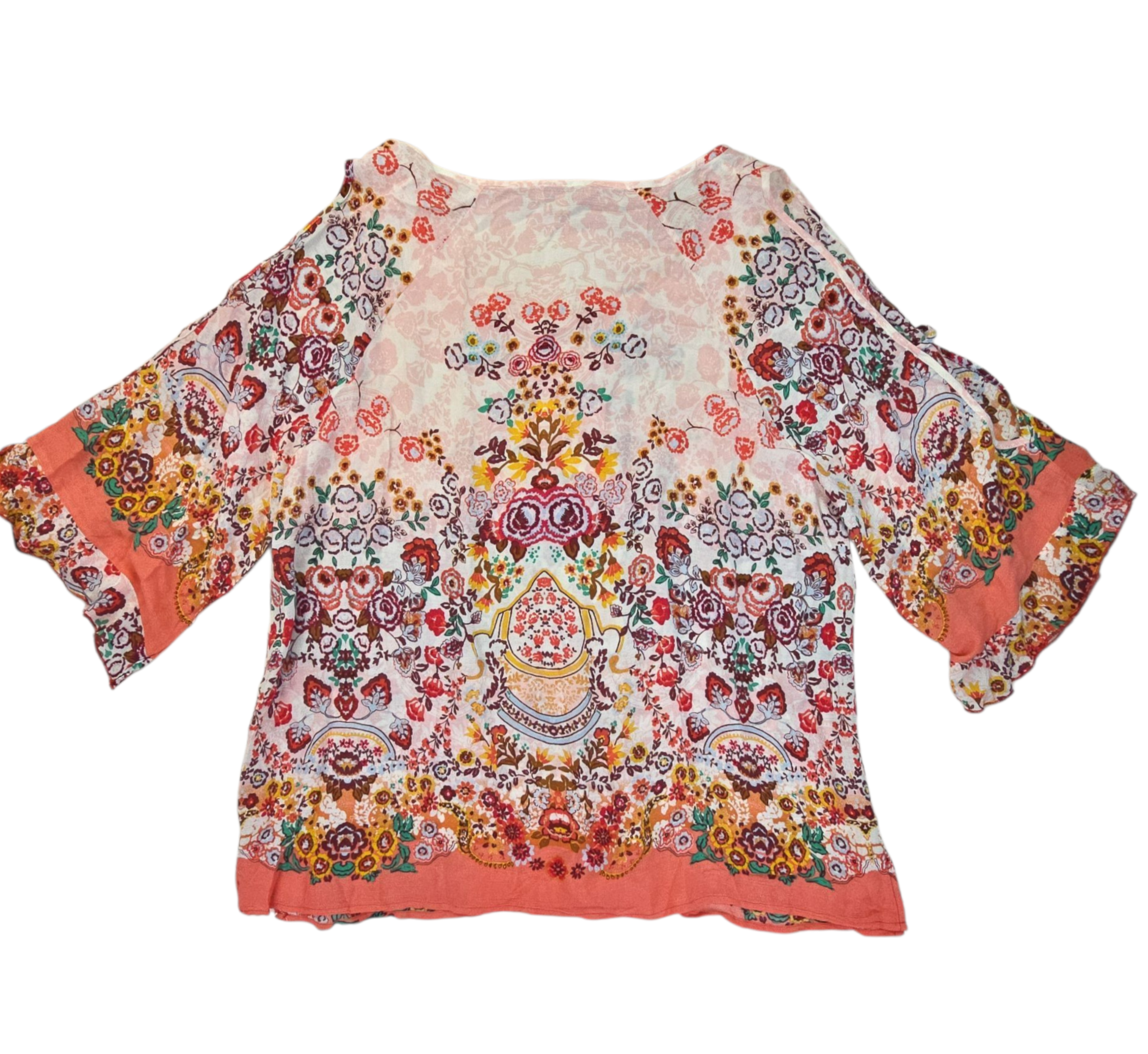 Back view of Democracy boho cold shoulder lace-up top showing smooth fabric drape and flowy hem.